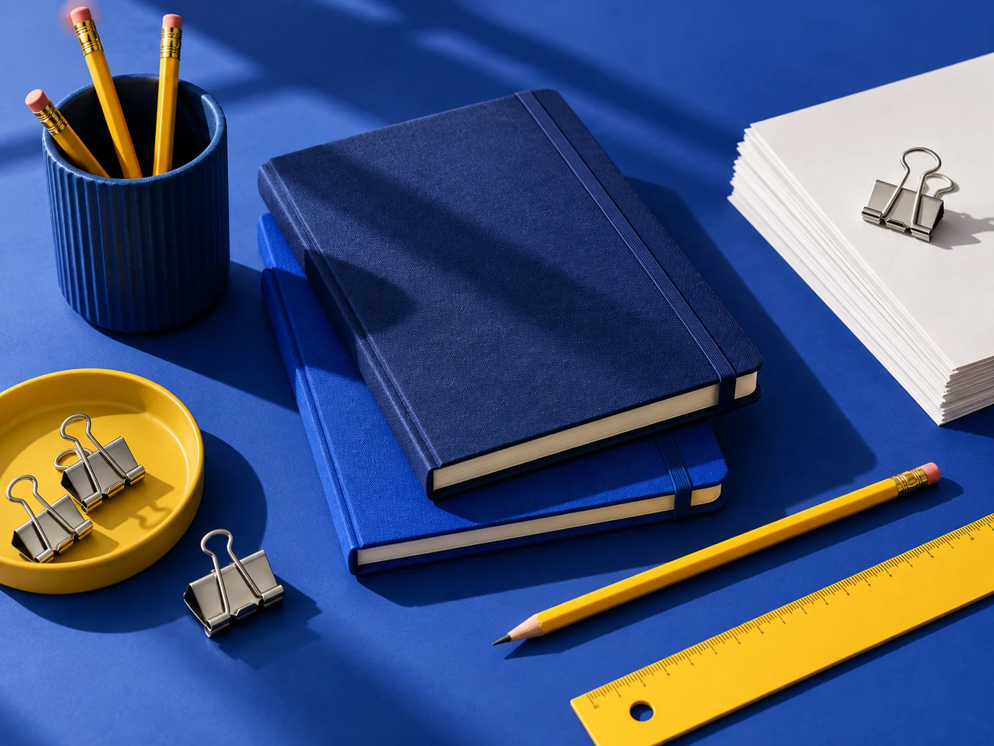 Blue notebooks, yellow pencils and carefully arranged office stationery